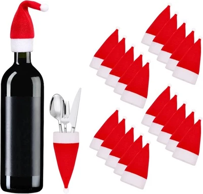 BRAND: FUMWASE Fumwase 40pcs Mini Santa Hats Christmas Silverware Holders Wine Bottle Cover...