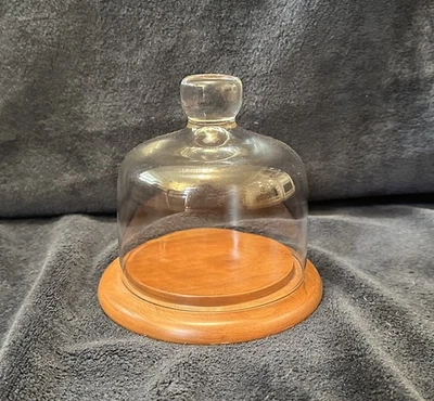 Vintage Glass Cloche with Cherry Wood Base by Woodcroftery Made in USA Bell Jar - Image 1 of 4