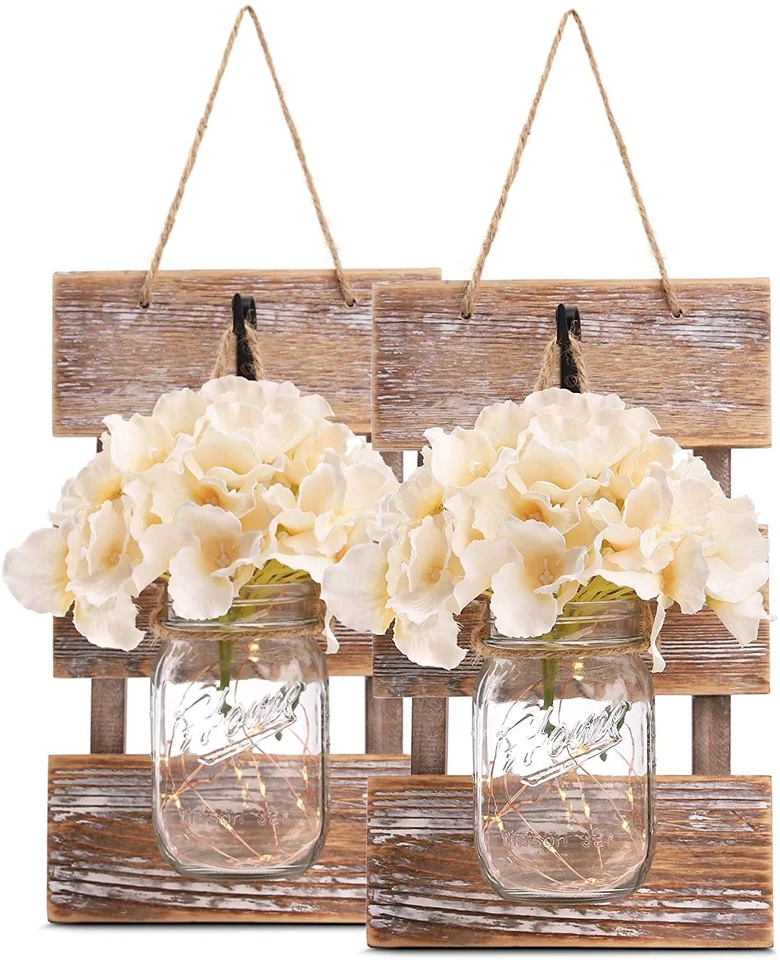 Set of 2 - Rustic Wall Sconces - with Flowers, Mason Jars, LED Lights for Home - Image 1 of 4