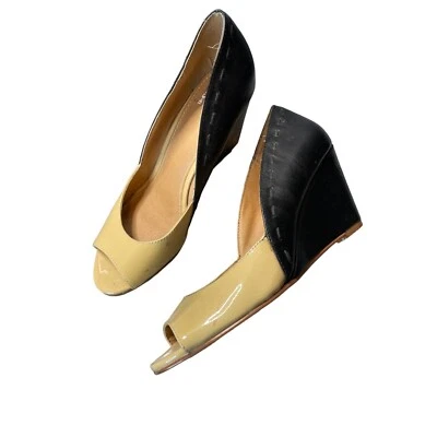 Zapatos de tacón de cuña Kelsi Dagger Genelle negros tostados punta abierta talla 5 Foto 1 de 4