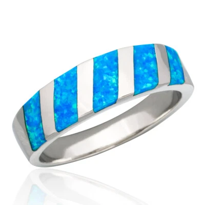 Anillo banda mujer joyería plata ópalo fuego azul rayas diagonales talla 6 7 8 9 10 Foto 1 de 4