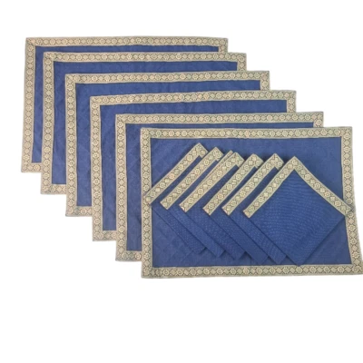 Navy Gold Embroidered Linen Placemats Napkins Set of 6 Regal Luxury Renaissance - Image 1 of 4