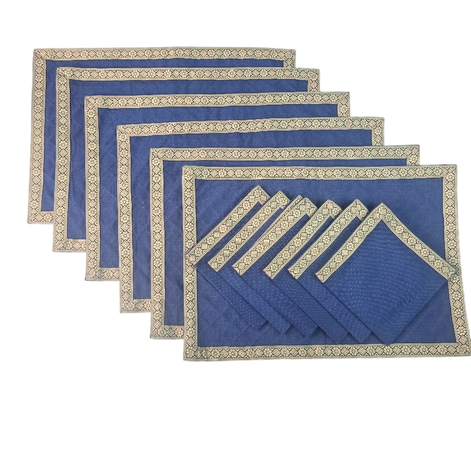 Navy Gold Embroidered Linen Placemats Napkins Set of 6 Regal Luxury Renaissance - Image 1 of 4