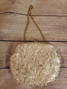VINTAGE MADE IN HONG KONG WHITE GOLD DANGLY SEQUINED BEADED EVENING BAG PURSE - Picture 1 of 8