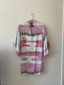 Vintage Lucky Brand Pink Kimono Style Minidress Japanese Print Mandarin Collar - Picture 1 of 13