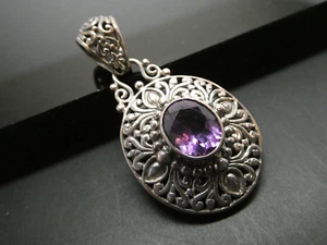 SARDA Bali Amethyst Gemstone Ornate Sterling Silver 925 Pendant Signed - Picture 1 of 6