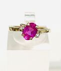 Solid 10K Yellow Gold Lab Created Pink Oval Sapphire Spinel Three Stone Ring