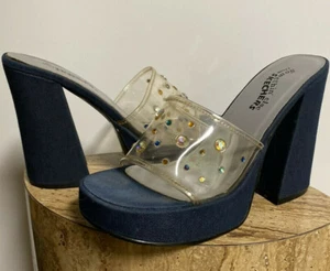 EUC-WOMENS VTG Y2K 90s SKETCHERS NAVY JEWELED VINYL DISCO CHUNKY 4.5" HEELS-SZ 8 - Picture 1 of 9