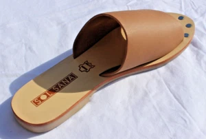 NEW SOL SANA TAN LEATHER WIDE BAND SLIDES SILVER STUD ACCENTS WOMENS EU 37 /US 6 - Picture 1 of 7