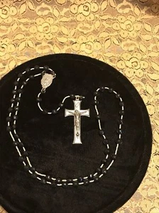 Rosary Vintage Crucifix Silver Tone Jesus on Cross Stringed Black Beads 16 1/2" - Picture 1 of 9