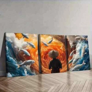 3pcs Fisherman, Koi Water Wall Art Canvas Framed 50x70cm - Picture 1 of 3