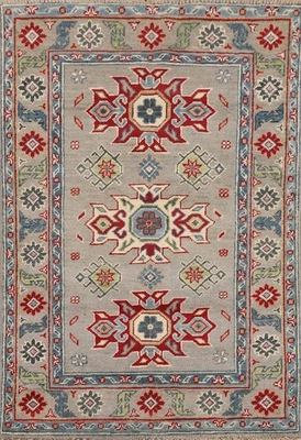 Gris Oriental Géométrique Foyer Tapis 3x4 Légumes Teinture Super Kazakh Main - Image 1 of 4