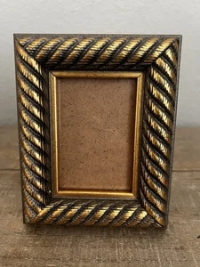 Small Wood Ornate Picture Frame Dark Brown Gold Twist Scroll Design 5x4” - Picture 1 of 8