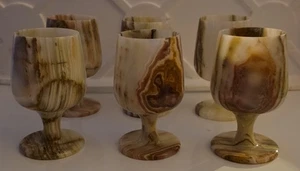 Vintage Onyx Marble Goblets Natural cut Stone Glasses Green Brown Set of 6 - Picture 1 of 11