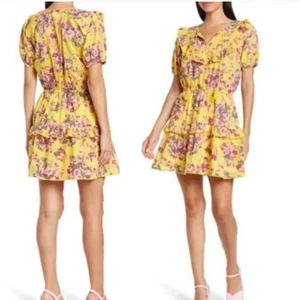 New Maisie Womens Dress Yellow Puff Sleeve Tie Neck Floral Mini Cotton Size L - Picture 1 of 9