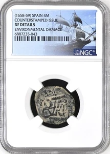 Pirate Coin. Counterstamp Issue. Colonial Era, 1658-1659AD. Maravedis. NGC XF - Picture 1 of 2