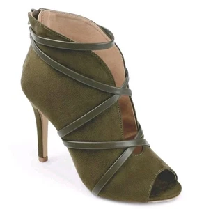 Journee Olive Booties Heels Size 8.5 Strappy Peep Toe Zip Back Green Faux Suede - Picture 1 of 11