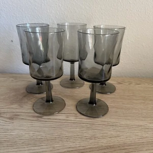Libbey Gray Optic Swirl Smoke Water Goblets Set Of 5 Vintage Wine 6.5" Glasses - Picture 1 of 12