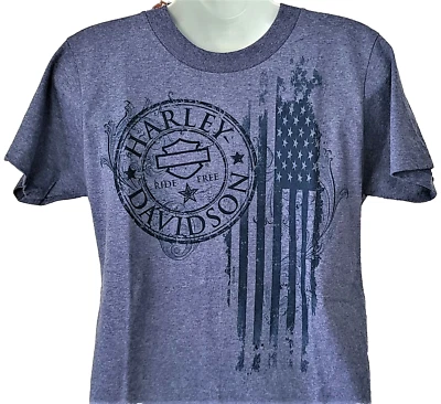 Camisa Harley Davidson SS Brezo Azul Bandera Patriótica Flor Pecho42 pulgadas Mujer L Foto 1 de 4