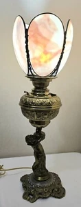 Antique BradleyHubbard Style Electrified,CherubCarriesKerosene Slag Glass Tulip - Picture 1 of 22