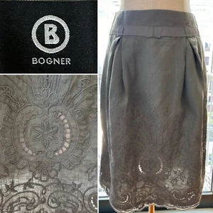 Designer Bogner 100% Linen Grey Mid Rise Midi Lined Pencil Skirt Size 10 To 12 - Picture 1 of 13
