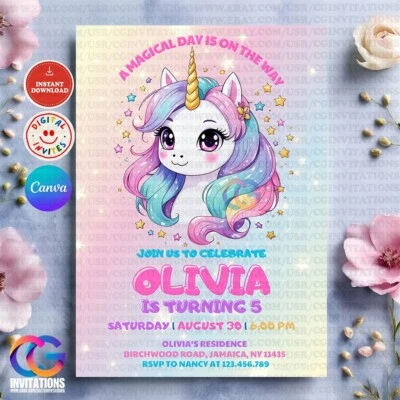 Plantilla de invitación de cumpleaños unicornio editable, invitación personalizada para niñas Foto 1 de 4