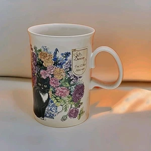 Dunoon Scotland blanco fino 12 oz. Taza de porcelana: gato y flores - Imagen 1 de 6