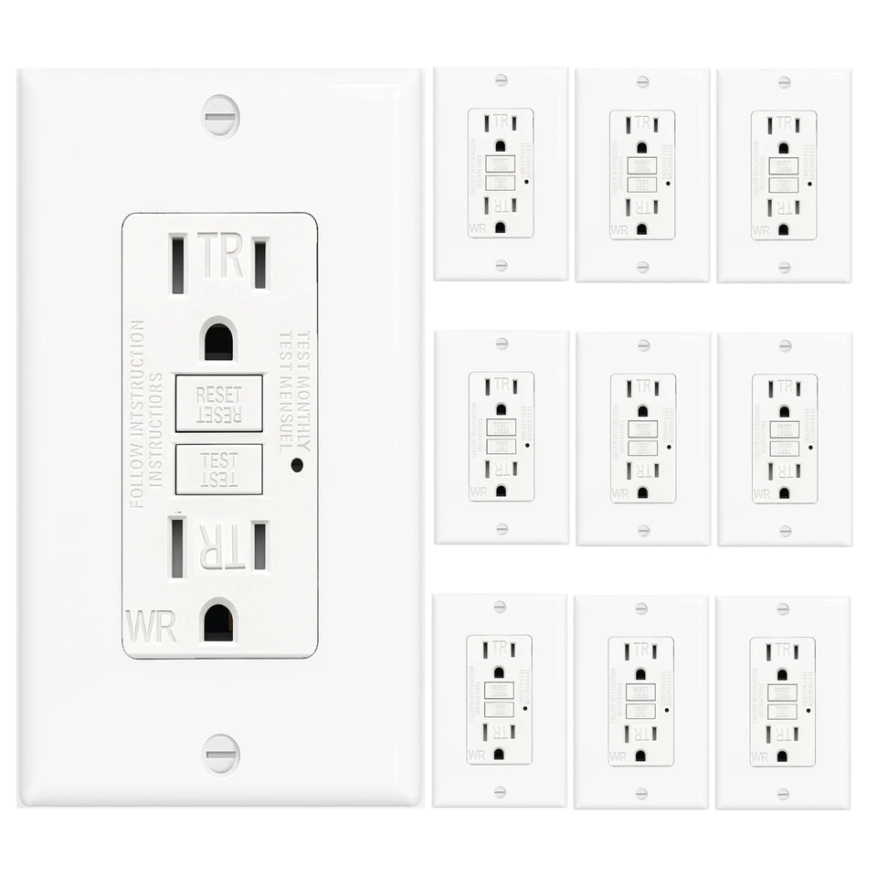 Receptáculo de toma de seguridad 10PK GFCI 15AMPGFI con placa de pared indicador LED TR WR Foto 1 de 4