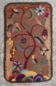 Antique Hooked Rug Tree Of Life Folk Art 1930s Decor Vibrant Outsider Art - Picture 1 of 23