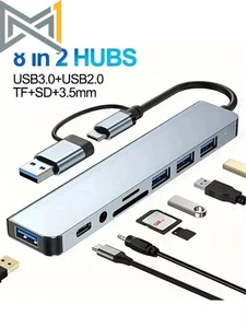 8 in 2 Docking Station USB Type C HUB with 3.5Mm Audio Jack Adapter Micro SD Car - Bild 1 von 8
