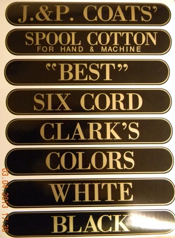 J & P COATS SPOOL CABINET LABELS 8 PIECE SET / Gold on Black  10 1/4 X 1 5/8 Cover