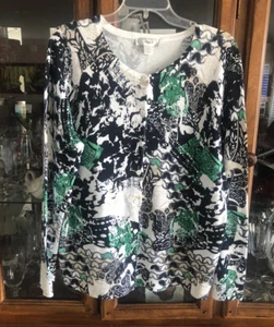CJ Banks Graphic Print Blue Green Multi CARDIGAN SWEATER X 14W L.SLV Cotton NWT - Picture 1 of 13