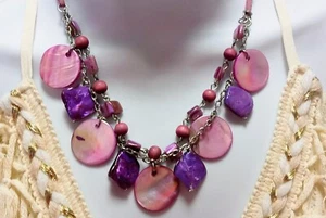 NOS Assorted 2 Strands Purple/Pink Mixed Shell Wood Beads Leather Boho Necklace - Picture 1 of 6