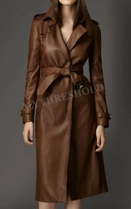 New Women Brown Genuine Real Leather Trench Coat - Picture 1 of 3