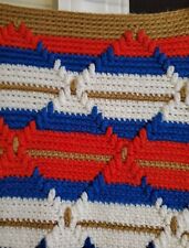 Crocheted Diamond Striped Red White Blue Aztec Americana Blanket 62x50 Vintage