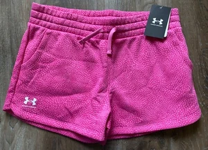 UNDER ARMOUR~new RIVAL FLEECE Pink Spotted Running Shorts~Girls Size YXL~XL~NWT - Picture 1 of 6
