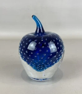 Vintage Blue Art Glass Controlled Bubble Apple Paperweight - Picture 1 of 2