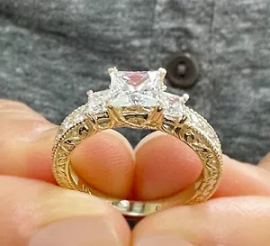 Princess Cut Moisssanite Engagement Ring Three Stone Style 14k Yellow Gold 1.60 - Picture 1 of 12