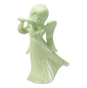 Vintage Ceramic Angel Figurine Christmas Flute Girl Playing 12" Mint Jade Green - Picture 1 of 12