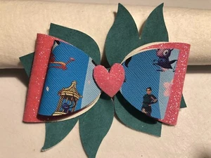 PINWHEEL 3 LAYERED MULAN HAIR BOW, BLUE AND PINK, 4" X 4", HOMEMADE - Picture 1 of 3