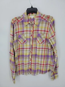 Postmark Anthropologie Top Damen 8 lila rot hellbraun kariert Knopfleiste Riegelärmel - Bild 1 von 7