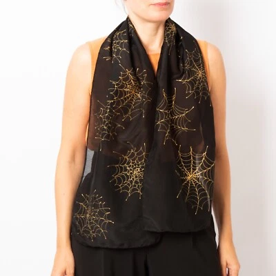 Telaraña Paña Pintada a Mano Negro Seda Algodón Bufanda Halloween Regalo Otoño Foto 1 de 4