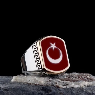 Anillo hecho a mano de plata esterlina 925 estrella media luna turco para hombre joyería esmalte rojo Foto 1 de 3