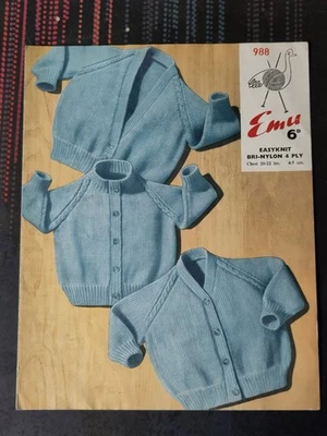 Vintage Emu 4 Ply Baby Cardigan Knitting Pattern 988- Easyknit- Chest 20- 22 - Image 1 of 3
