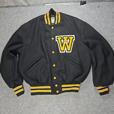Chaqueta De Colección Delong Varsity Letterman Negra Lana Mangas Acentos Dorados EE. UU. Talla 40 Foto 1 de 4