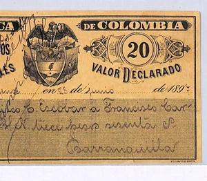 COLOMBIA 20c Buff CUBIERTA Used 1897? Barranquilla Insured Letter Stamp WX363 - Picture 1 of 12
