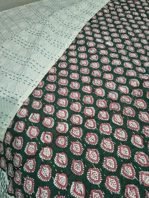 Indian Handmade Throw Kantha Quilt Hand Block Print King Size Bedspread Blanket - Image 1 of 4
