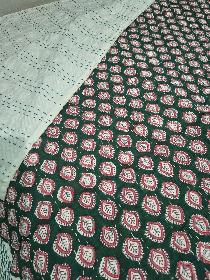 Indian Handmade Throw Kantha Quilt Hand Block Print King Size Bedspread Blanket - Image 1 of 4