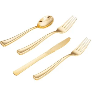 300PCS Gold Plastic Silverware - Gold Plastic Cutlery Set Disposable Dinnerwa... - Picture 1 of 7