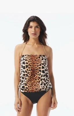 Vince Camuto Chain Halter Blouson Tankini Top Leopard Print Brown Size Small New - Image 1 of 3